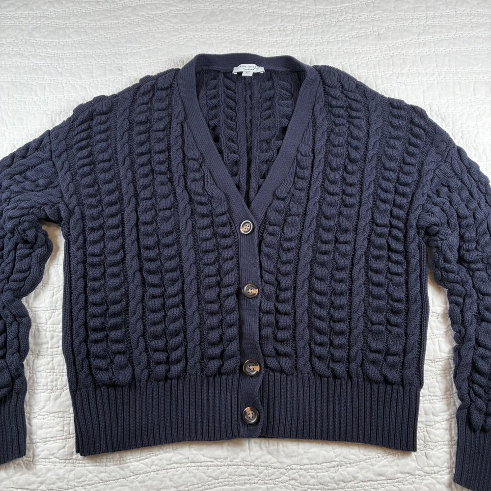 Ann Taylor Cardigan Women XXL Navy Blue Cable Knit Cotton Button Front Sweater